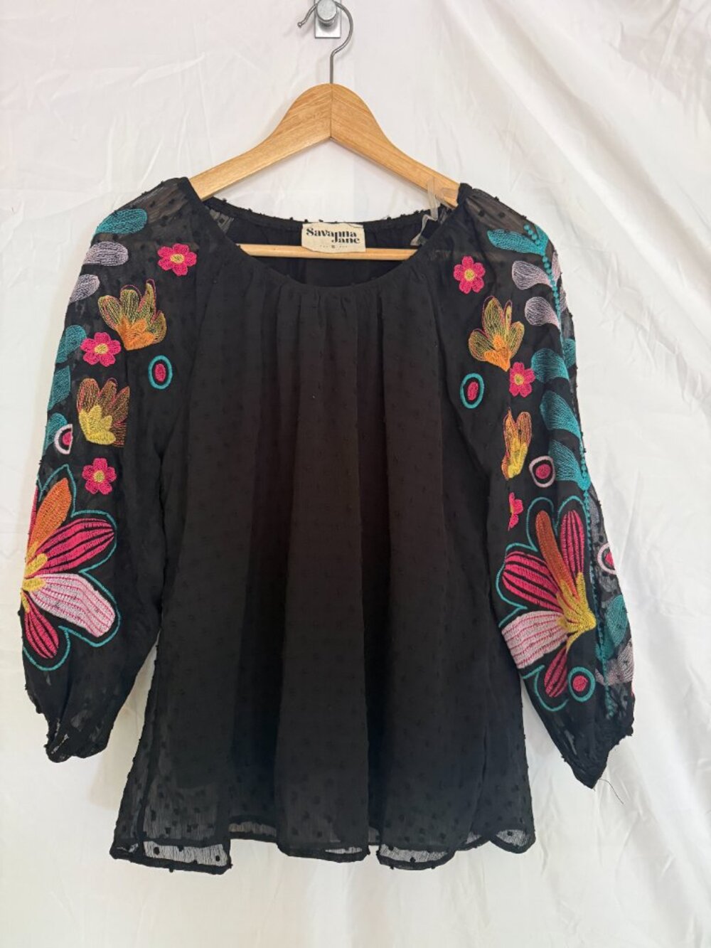 Savanna Jane Black Embroidered Sleeve Boho Blouse Size Small